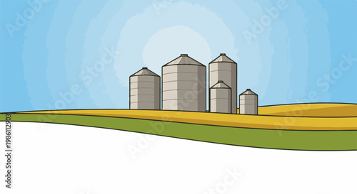 Farm silos stand tall against a bright blue sky over rolling golden fields