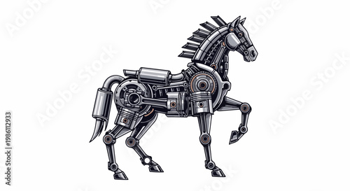 Detailed mechanical horse made of metal engine parts