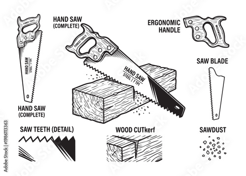 Set of vector hand saw parts and wood cutting process illustration for carpentry.