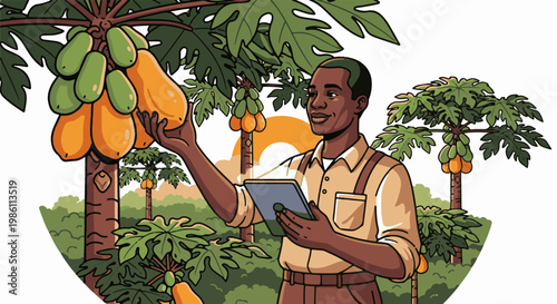 Farmer examines ripe papayas on tree with tablet in orchard