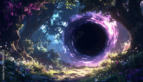 Enchanted forest path leads to a shimmering portal, surrounded by vibrant flowers and ancient trees in the twilight