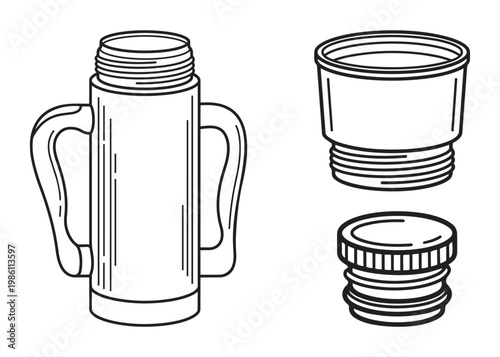 Thermos bottle and caps vector illustration camping and travel accessories.