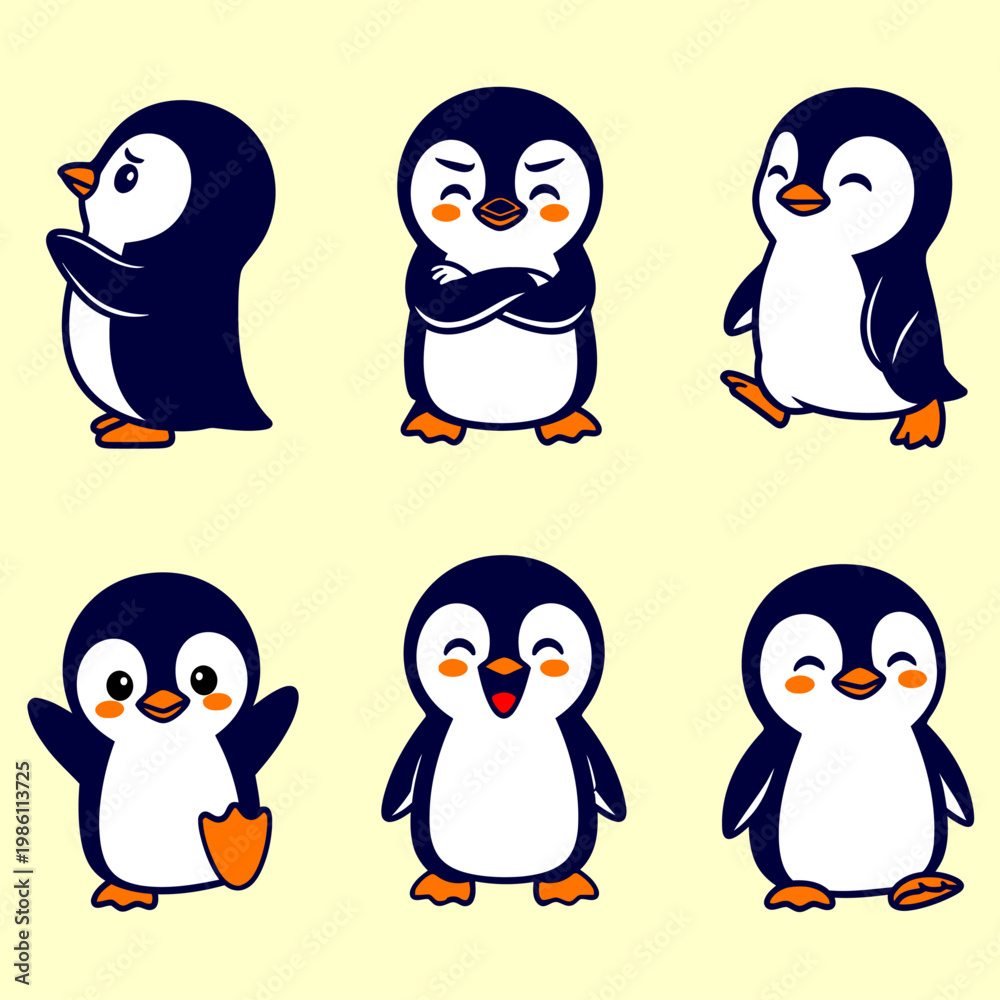 Fototapeta premium Adorable cartoon penguins in various poses and expressions, featuring dark blue, white, and orange flat vector design.