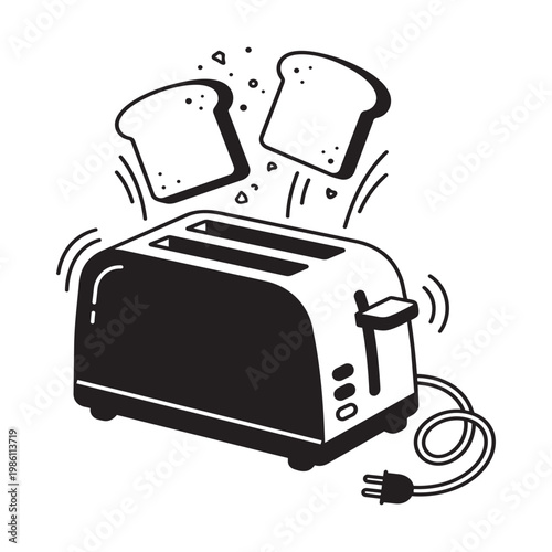 Electric toaster vector illustration with jumping bread slices and power cord on checkered background.