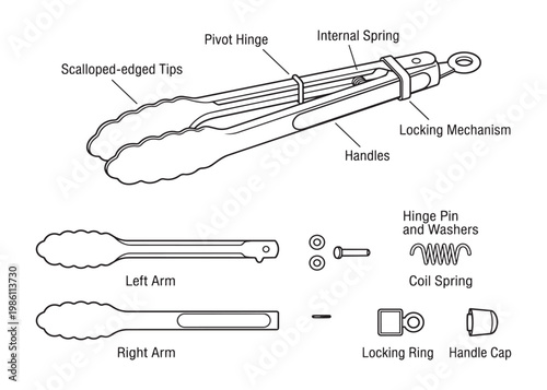 Metal kitchen tongs vector illustration showing assembly parts and labels on transparent background.