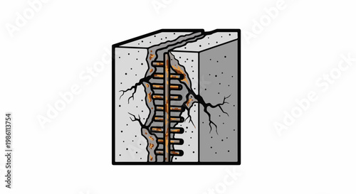 Cracked concrete structure with corroded rebar showing damage and decay