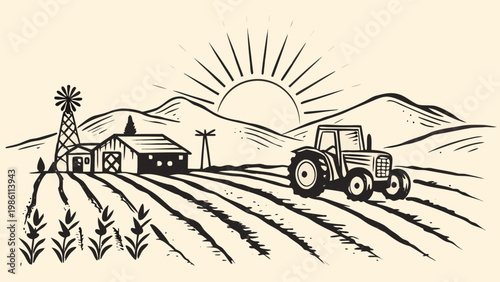 A vintage farm scene with a tractor windmill and rising sun