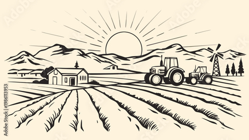 Vintage style illustration of a farm landscape with tractors and rising sun