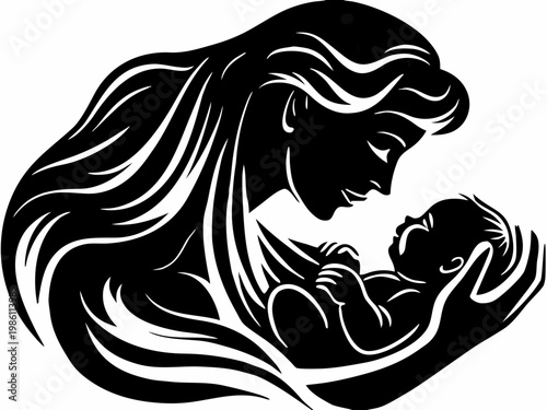 A tender black and white illustration of a mother cradling her baby