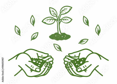 Hands cradling soil and a sprouting plant with falling leaves