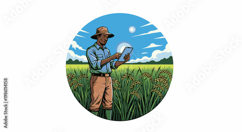 Farmer in a hat uses a tablet in a sunlit rice field under a blue sky