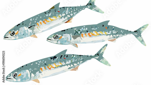 Three mackerel fish illustrated with a stylized colorful digital painting style