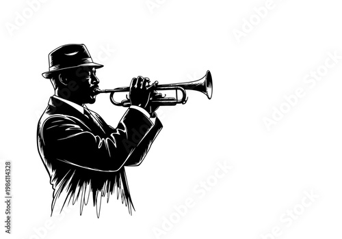 Jazz Trumpet Player Illustration - Black and White Retro Silhouette of a Musician in a Fedora and Suit Playing Brass Instrument - Vintage Soul and Blues Music Graphic