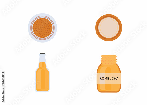 Illustrations of kombucha beverages and containers in varying styles