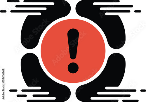 Urgent alert icon vector, dramatic central exclamation mark with strong red circle backdrop, minimalist black and white design emphasizing warning, danger, and attention.