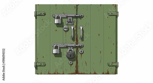 Detailed pixel art of weathered green double doors with multiple locks and handles