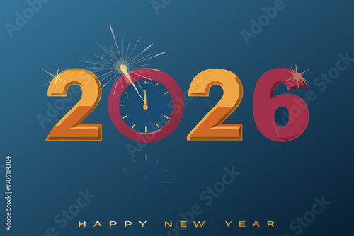 Festive new year 2026 celebration with clock and sparkling fireworks display