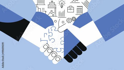 A handshake completing a puzzle symbolizing business collaboration and growth