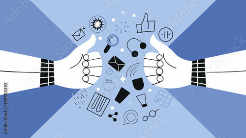 Hands reaching towards each other surrounded by digital communication icons