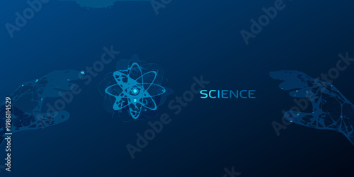 Hands holding a glowing atomic structure with the word science