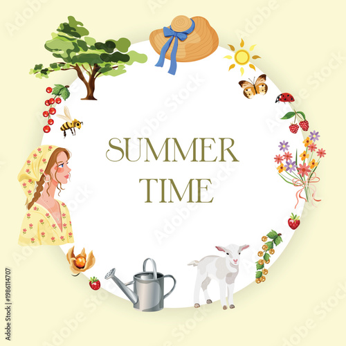 Summer round frame with flowers fruits girl and garden elements