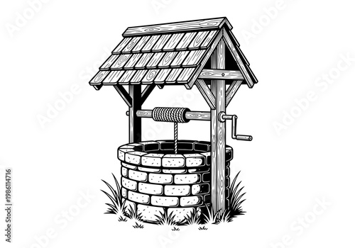 Vintage Wood and Stone Wishing Well Illustration in Woodcut Engraving Style, Rustic Rural Garden Well Icon Isolated on White Background