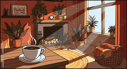 Cozy room with fireplace, plants, and steaming coffee by window