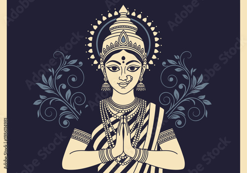 Elegant Vector Illustration of a Hindu Goddess in Namaste Prayer Pose, Traditional Indian Spiritual Art for Festivals and Cultural Design