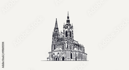 Detailed sketch of a large gothic cathedral with spires on a light background