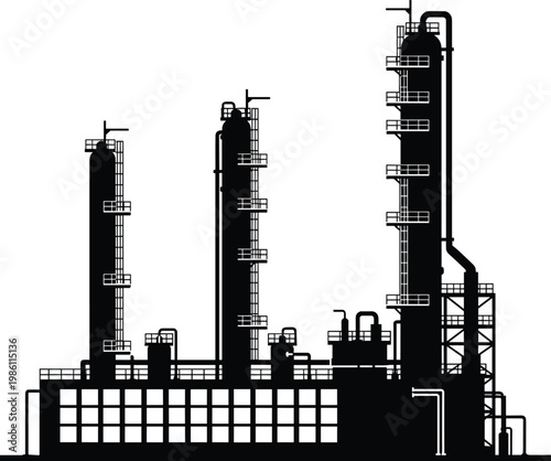 factory, refinery, industry, silhouette, industrial, plant, oil, gas, petrochemical, building, urban, infrastructure, energy, pipeline, tower, industrial factory, oil refinery, gas plant, factory silh