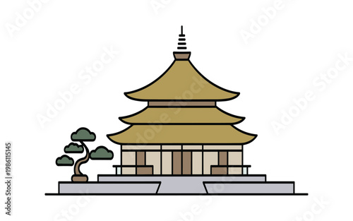 Traditional Asian Temple Line Art Minimal Architecture Illustration