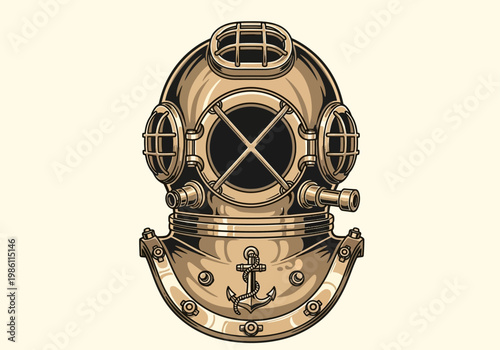 Vintage Antique Brass Deep Sea Diving Helmet Illustration with Anchor Symbol. Nautical Steampunk Maritime Scuba Gear Vector Art.