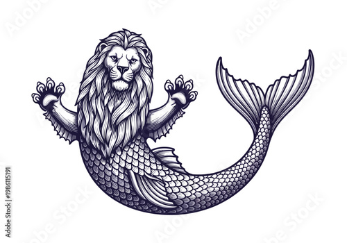Majestic Merlion Illustration - Mythical Sea Creature with Lion Head and Fish Tail, Vintage Engraving Style Vector Art