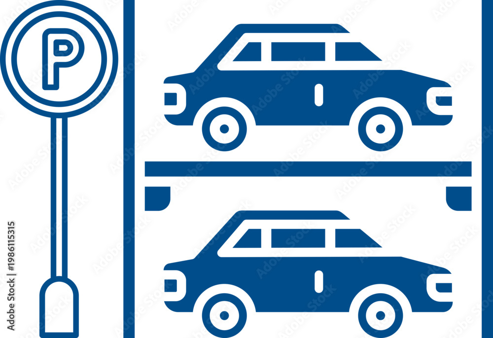 Naklejka premium Parking icon with cars, parking signs, maps and vehicles in flat blue and gray style isolated on white background, perfect for navigation apps, transport and urban design projects.