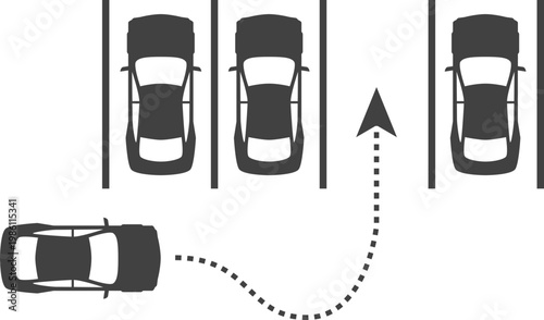 Parking icon with cars, parking signs, maps and vehicles in flat blue and gray style isolated on white background, perfect for navigation apps, transport and urban design projects.