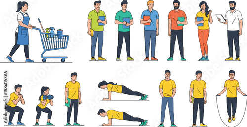 Illustrations Depicting Diverse People Shopping, Exercising, and Office Work for Lifestyle, Fitness, and Social-Themed Designs
