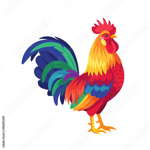Vibrant rooster standing on a white background with colorful plumage