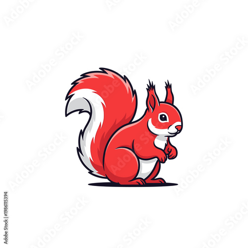Cartoon illustration of a red squirrel standing on a white background.