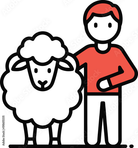 Shepherd with Sheep Vector Icon - Farm Agriculture Livestock Illustration