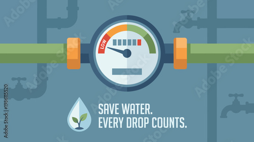 Water Conservation: A visual message promotes water conservation, featuring a water meter, a water droplet, and plumbing. Emphasizing the value of water in our world. 