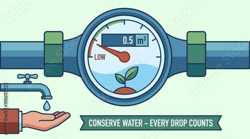 Water Meter and Conservation:  A close-up view of a water meter showcasing an eco-friendly message of conservation with every drop that counts.