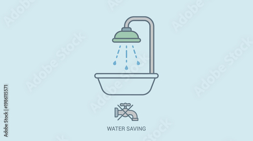 Water Saving Shower: An illustration of a shower head with droplets, paired with a water tap symbol highlighting the importance of conserving water.