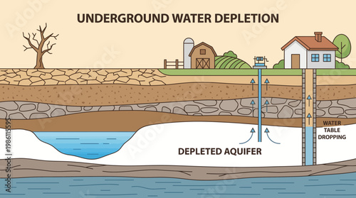 Underground Water Depletion: A stark illustration depicts the concerning reality of underground water depletion, highlighting the impact on ecosystems and water table levels. 