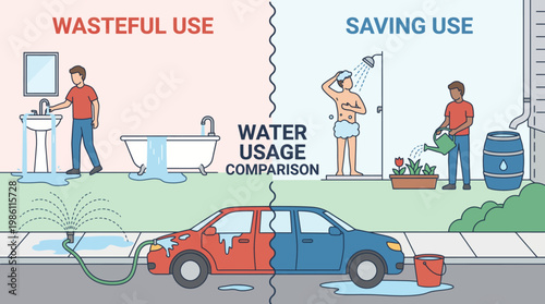 Water Usage Comparison: A visual depiction of wasteful and saving water practices, highlighting the contrast between inefficient consumption and water conservation efforts for a sustainable future.