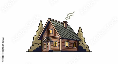 Cozy log cabin nestled among trees with smoke rising from chimney