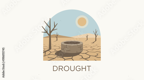 Drought illustration: An illustrated landscape symbolizes the harsh impacts of drought, with a cracked earth, withered trees, and an empty well.