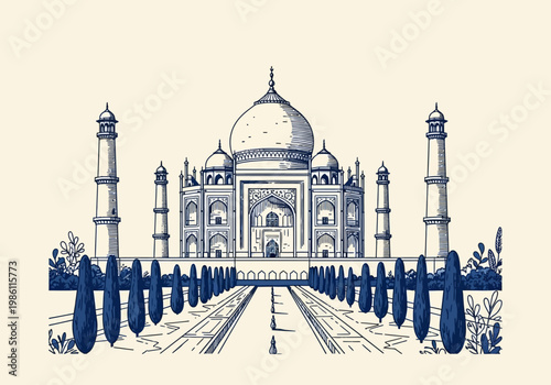 Stylized Navy Blue Line Art Illustration of the Taj Mahal Monument in Agra, India with Reflecting Pool and Gardens