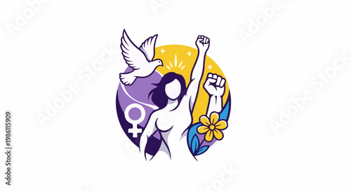 Feminist symbol with woman, dove, flower, and raised fist