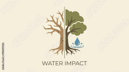 Water Impact Illustration: A stark visual contrast shows the impact of water on nature, illustrating the difference between a thriving tree and a withered one.