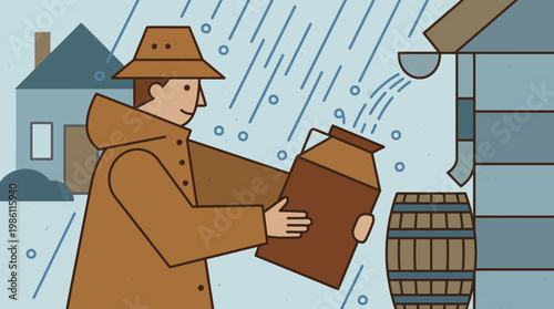 Collecting Rainwater: A person diligently collects rainwater from a rooftop using a large container, showcasing a commitment to sustainability and resourcefulness.